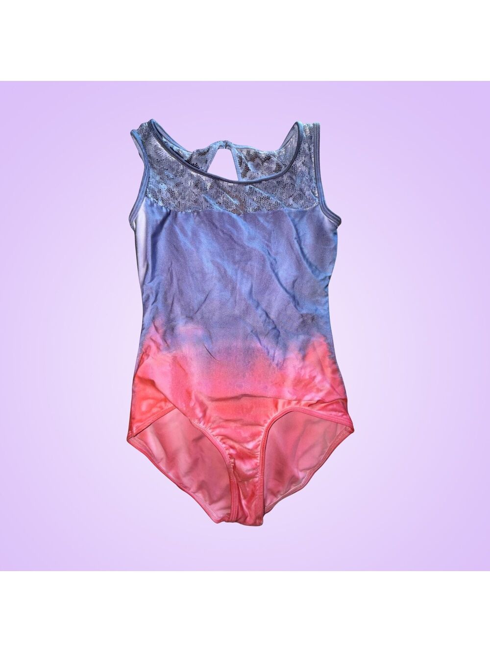 Water Color Womens Large Ombre Pink Purple Lace Back Gymnastics Leotard